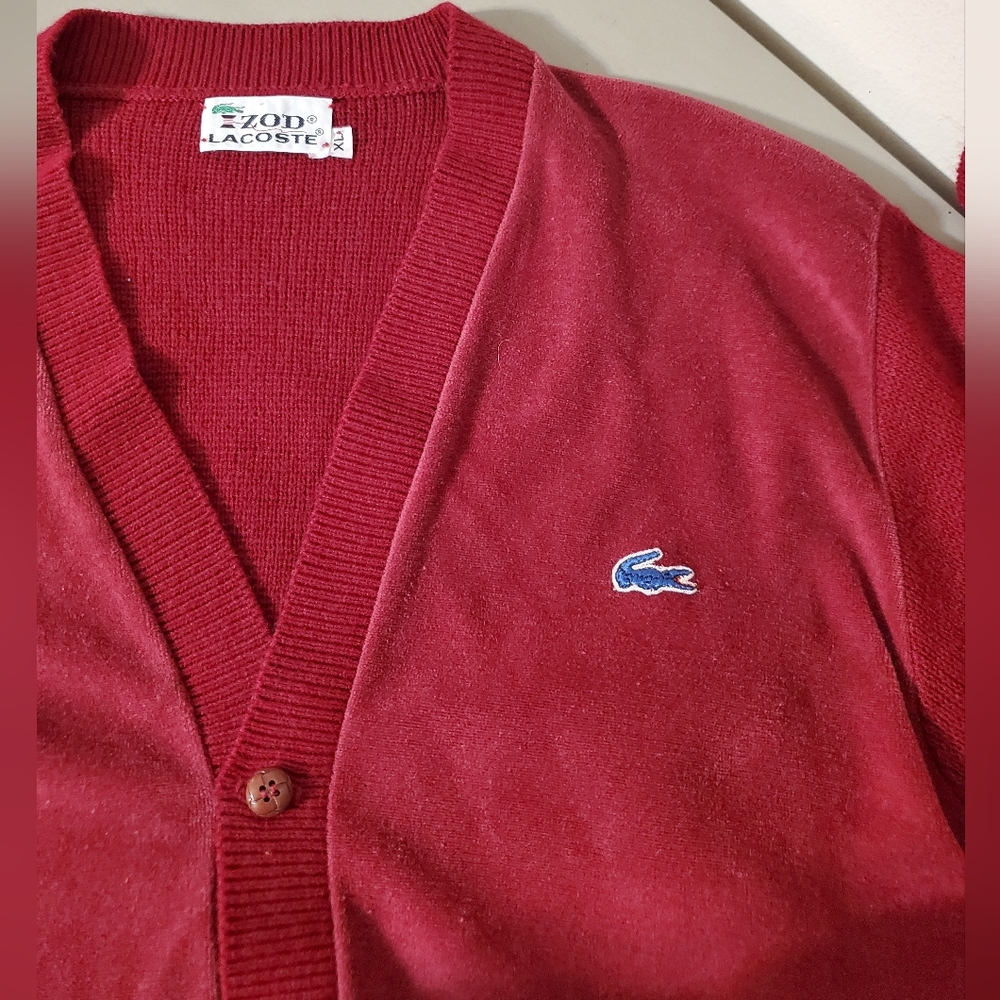 Vintage Lacoste Velour Textured Burgundy V-Neck Cardigan with Croc Logo XL - Picture 9 of 9